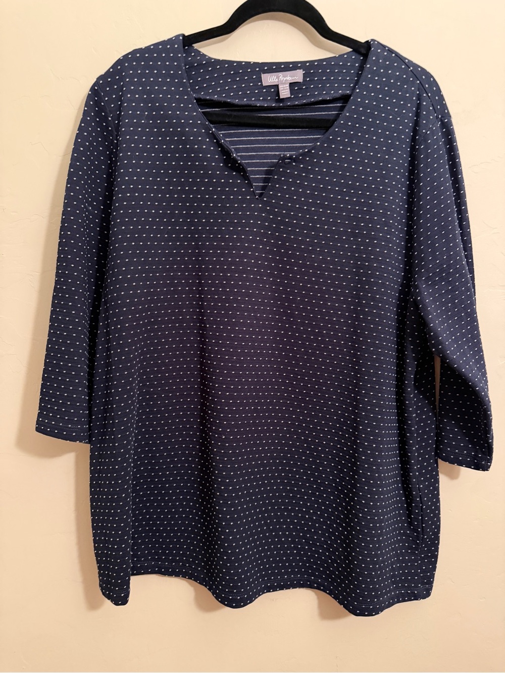 Ulla Popken Navy White Dot Textured 3/4 Sleeve Tunic Top Plus Size 16/18